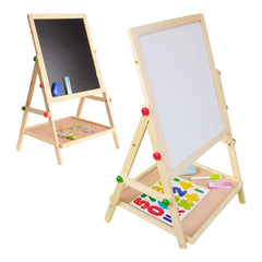 Wooden Art Easel for Kids, Double Sided Whiteboard & Blackboard, Magnetic Drawing Board for Toddlers with Multi-Colour Chalk, Dry Wipe Marker and Sponge | Adjustable Height 53-63cm