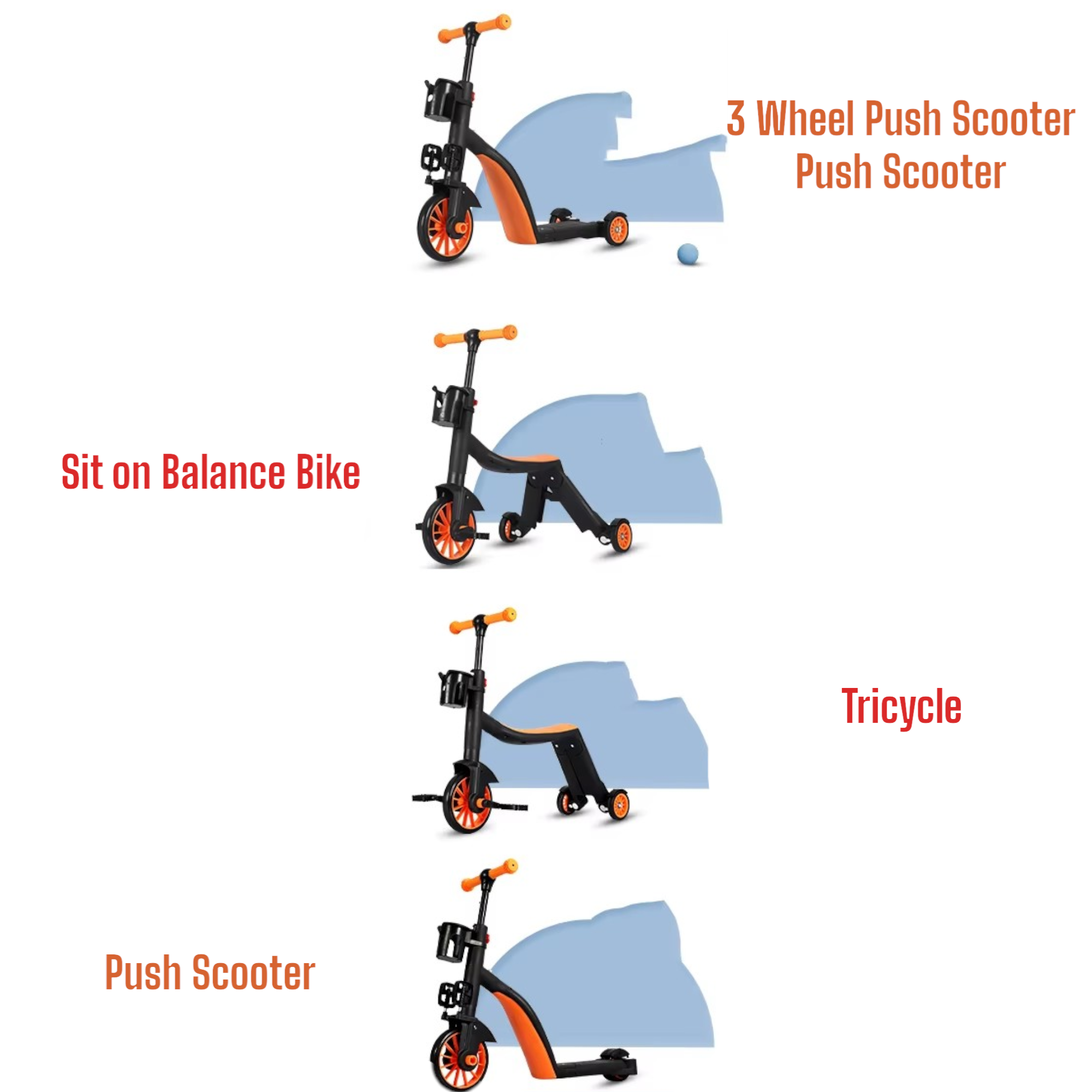 4 IN 1 Kids Push Scooter Tricycle Trike Convertible 3 Wheels Balance Bike Walker