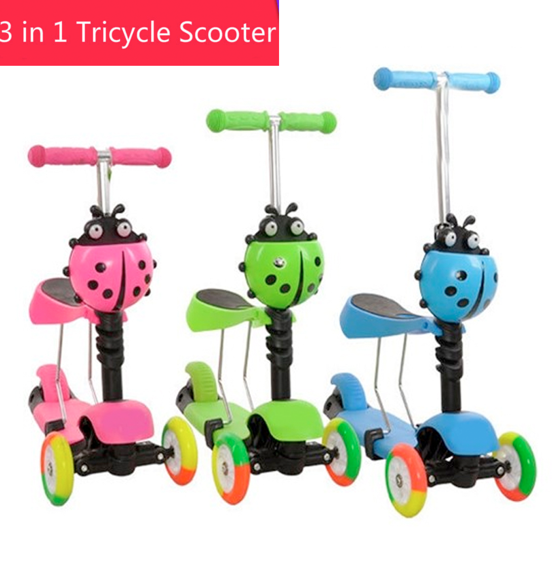 3 in 1 Kids Scooter Adjustable Seat 3 Wheels Kick Scooters Toddler Age 2-12yrs