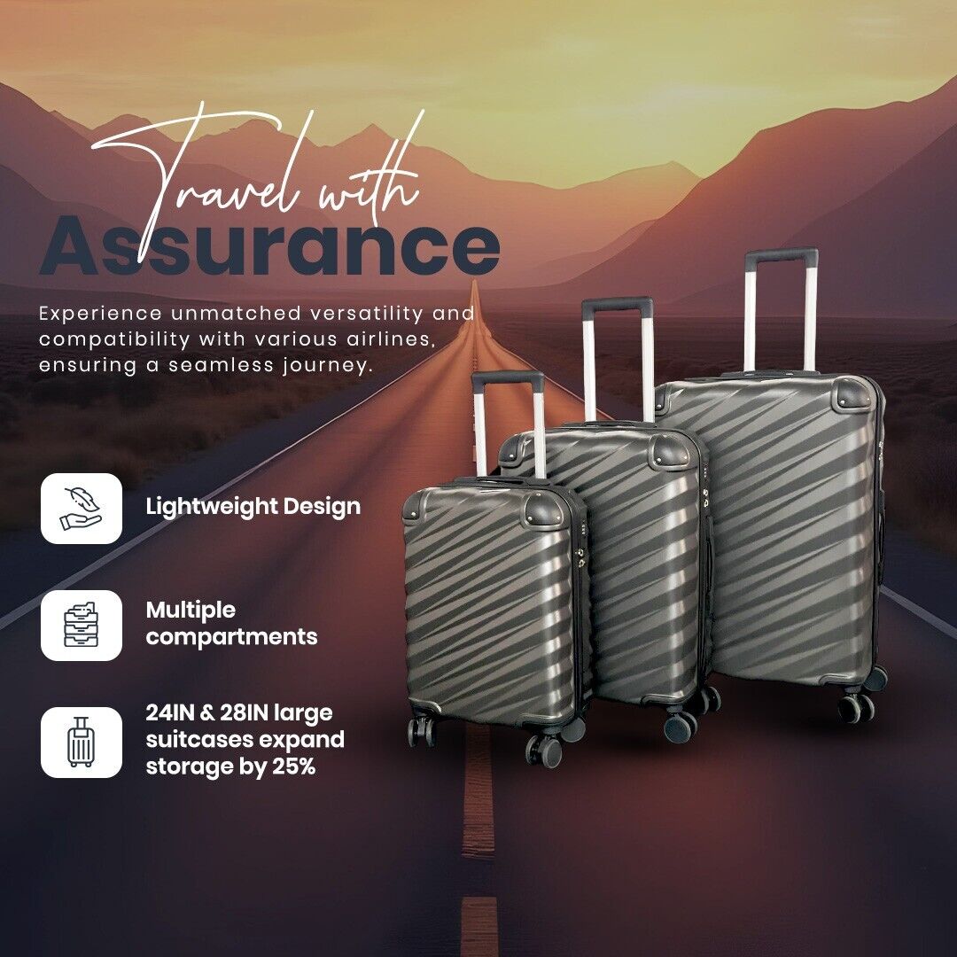 3 Piece Hard Shell Luggage Suitcase Set ABS Expandable Handle Inbuilt ...