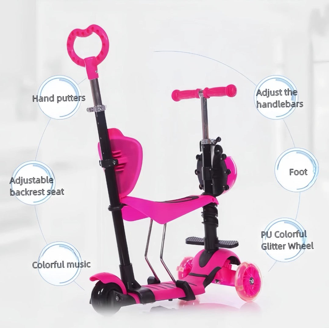5 in 1 Kids Scooter Adjustable Seat 3 Wheels Kick Scooters Toddler Age 2-12yrs