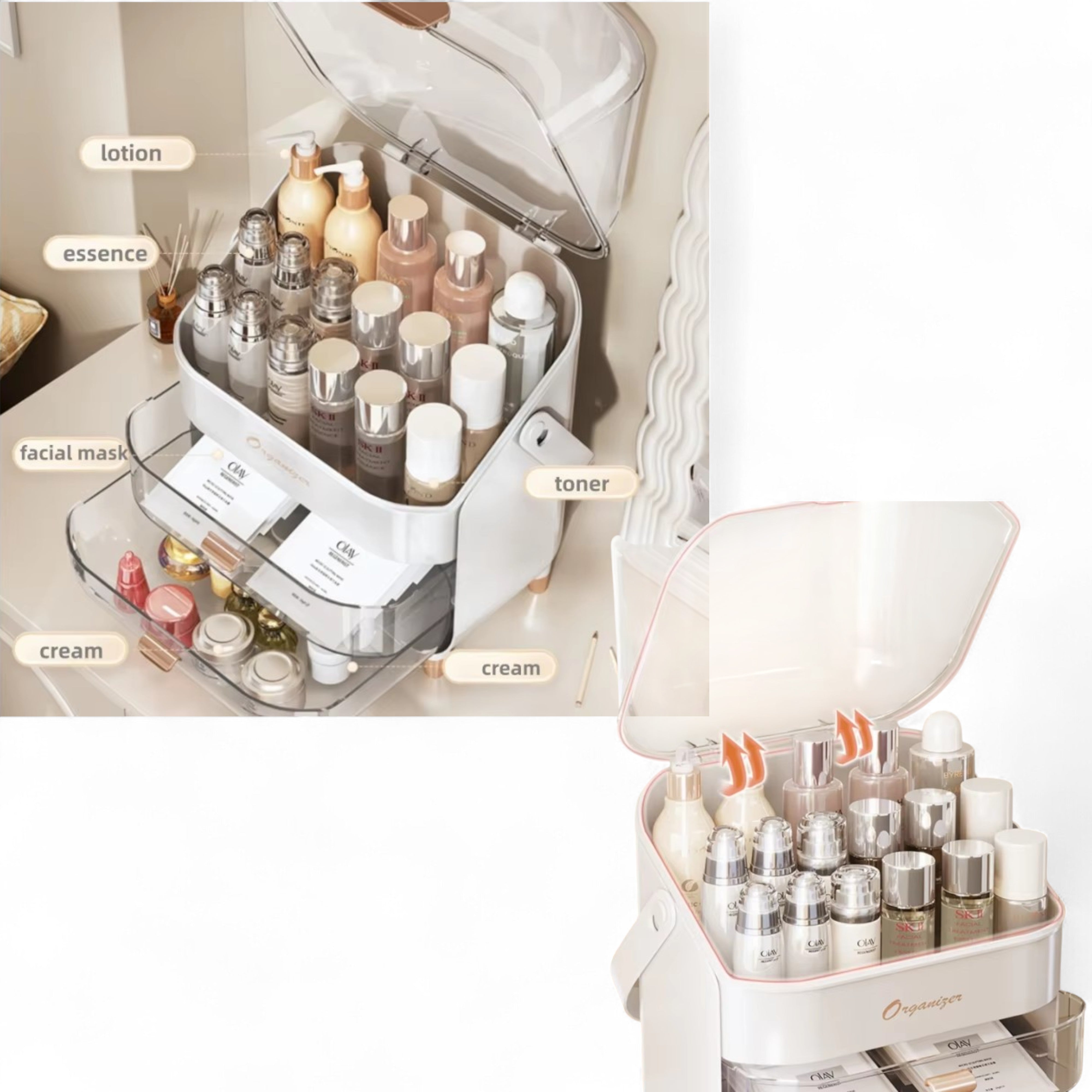 XL Large Make Up Organiser Cosmetic Vanity Case Box 2 Drawers Skincare Storage